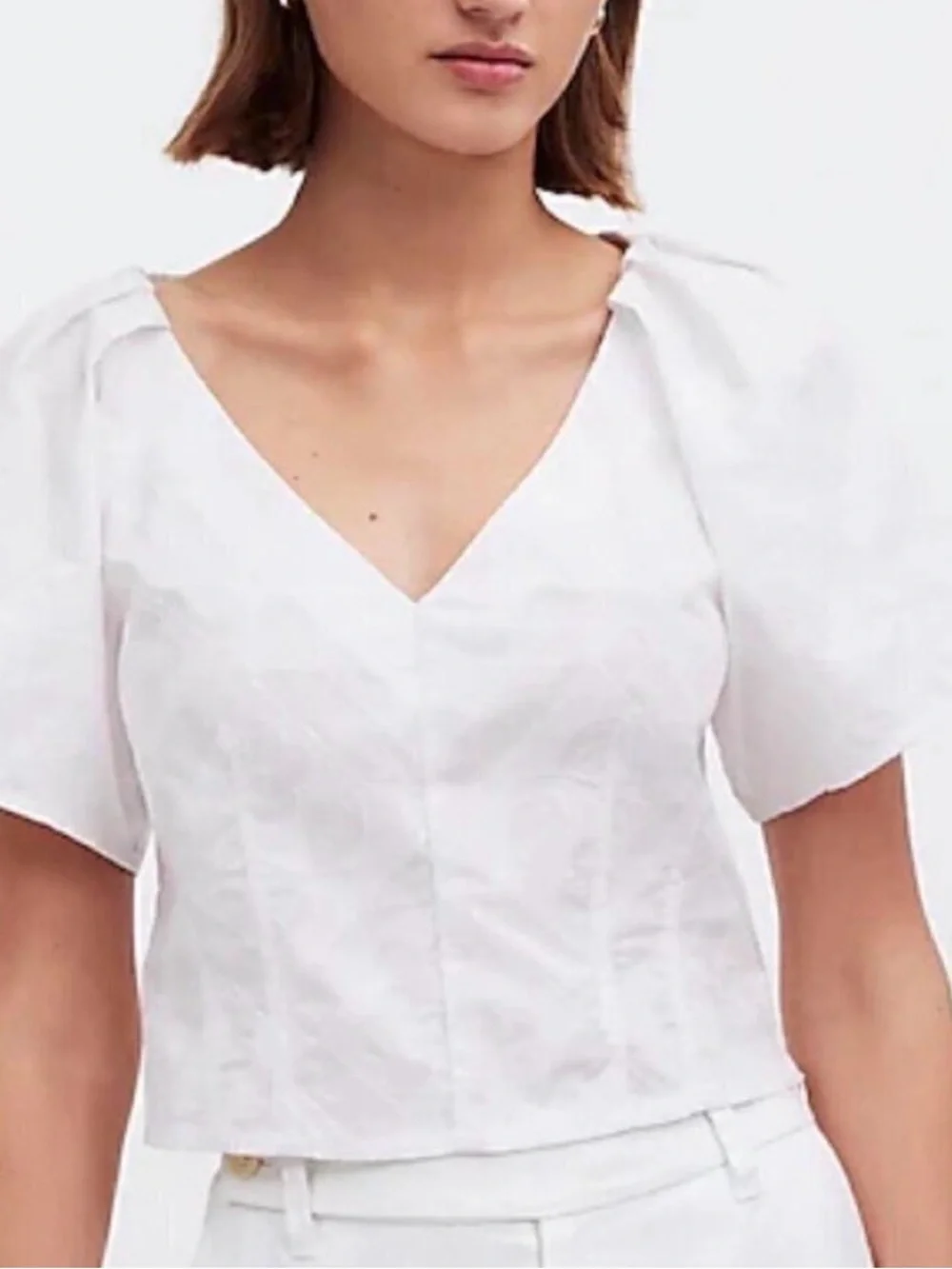 Madewell White Textured V-Neck Puff Sleeve Blouse